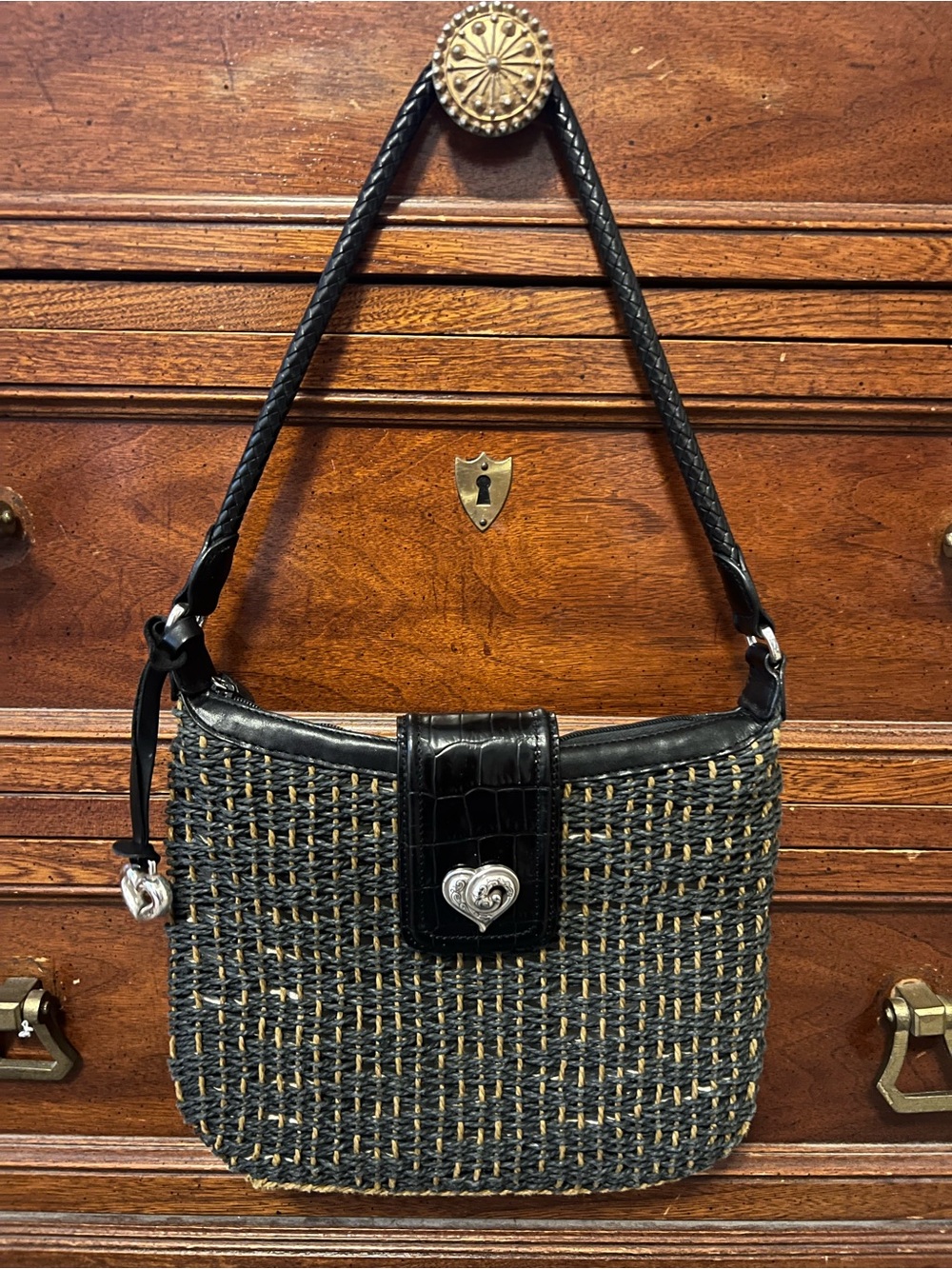 Brighton Black Woven Shoulder Bag with Silver Heart Accent